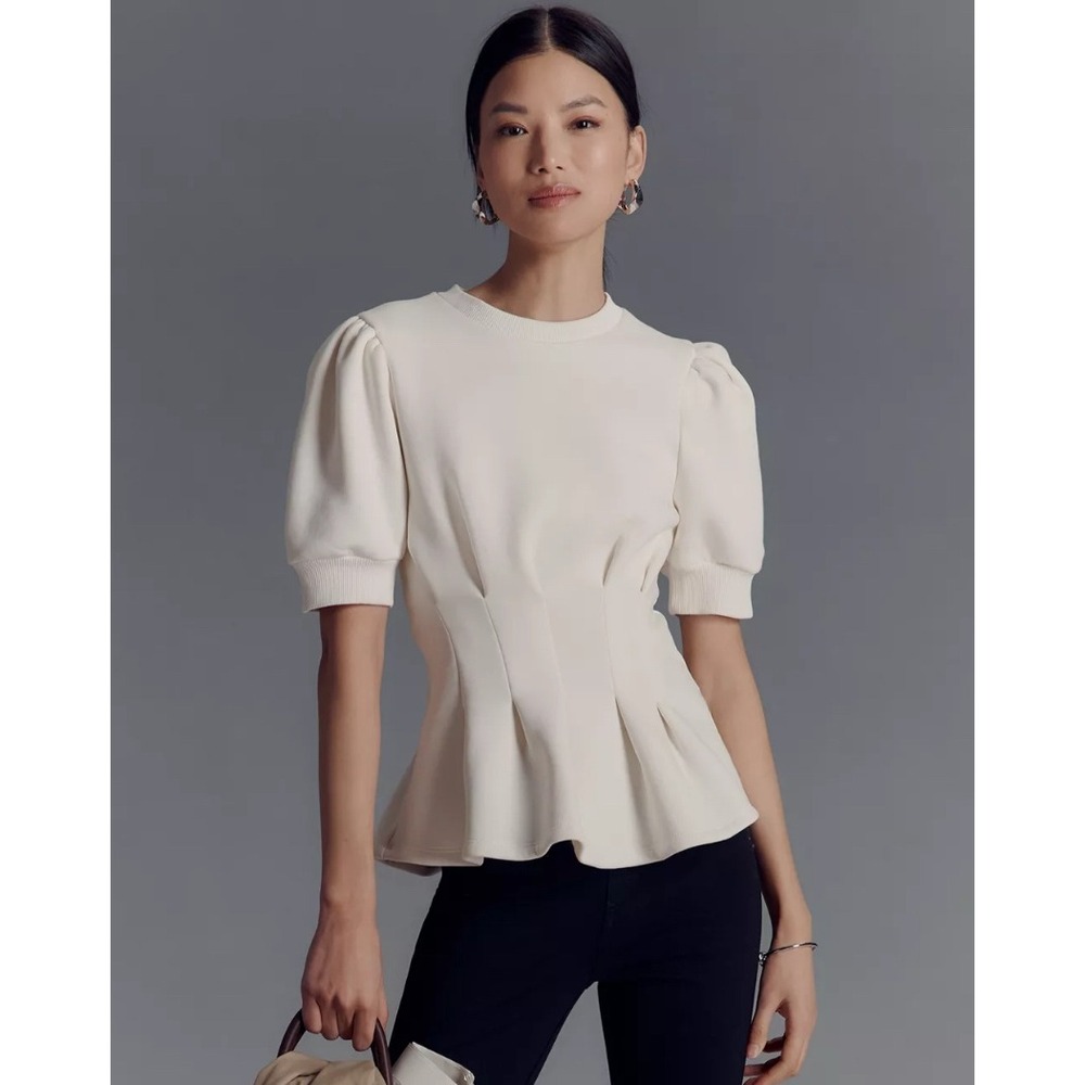 Anthropologie Maeve Cream Puff-Sleeve Peplum Sweater Top
